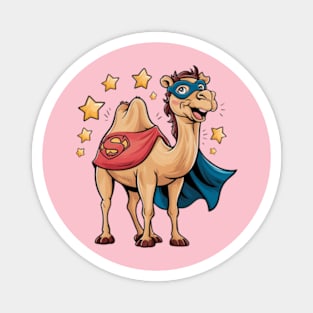 Creative and humorous vector print of a Bactrian camel, wearing a superhero cape and mask, standing confidently with a cheerful smile Magnet